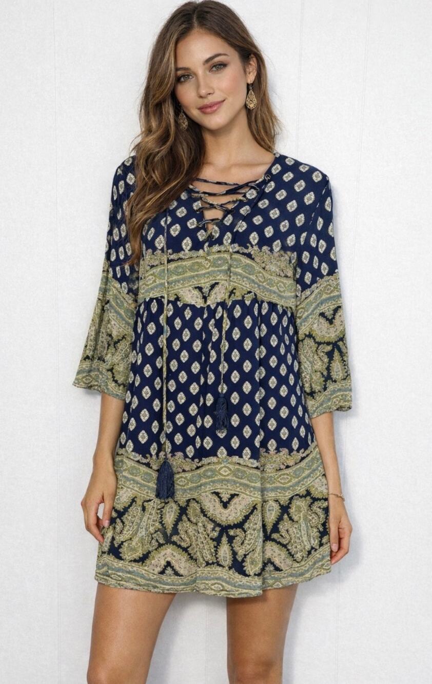 Joei and I Women's Dress/Swim Suit Cover Blue Paisley with Tie 3/4 Sleeve Large